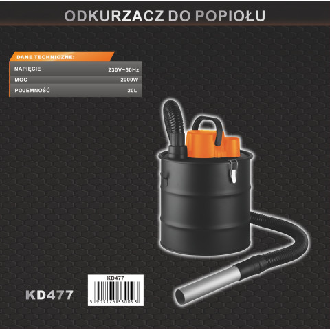 Пилосос для попелу KRAFT&DELE 2000W 20L (KD477)