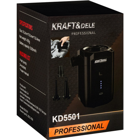 Акумуляторний насос KRAFT&DELE 5500mAh з USB-C зарядкою та насадками (KD5501)